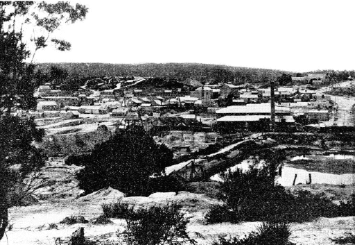 John Watt Beattie photograph, view of the township of Lefroy, Tasmania, also showing the goldmine, c1890. Queen Victoria Museum & Art Gallery Collection.