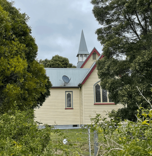 Reproduced with the permission of Helen Emmett, September 2023. Building at Sisters Beach.