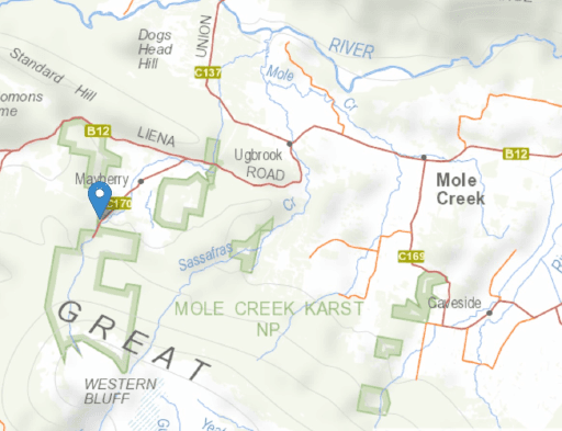 The List map, showing the location of Mayberry to the Marakoopa Caves.