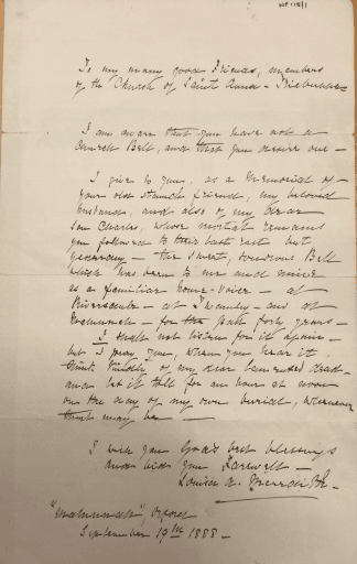 Letter from Louisa Anne Meredith, 1888.Tasmanian Archives, NS115/1,