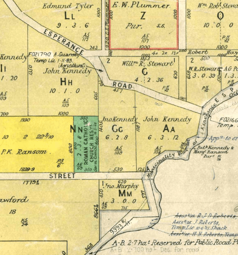 Closer view showing in green the location of the Catholic Church