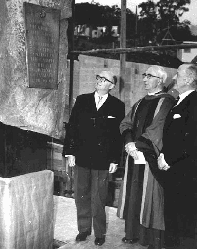 Sir Stanley Burbury & The Right Reverend Doctor G.F. Cranswick unveiling the plaque to commemorate the rebuilding of Christ College on the new University of Tasmania, 1960, Tasmanian Archives