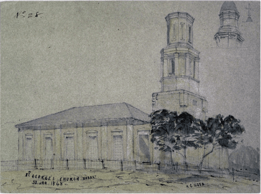 Watercolour on tinted paper, St George's Church Hobart 30 Jan 1848, Henry Grant Lloyd, Allport Library and Museum of Fine Arts, State Library of Tasmania