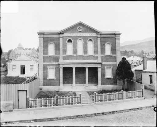 Queen's College Murray Street with St Marys Cathedral in the background, c1899, Tasmanian Archives