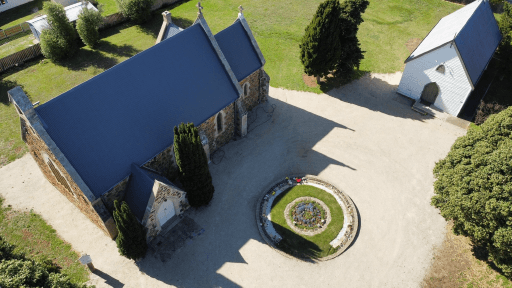 Sunday School is situated on the top right. Tasmanian Pictorial Church Index drone image, April 2021.