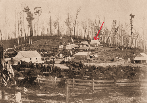 Red arrow marks the Church of England with the school just below it in 1906. Dennison Heritage Collection