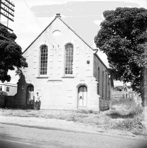 Church at Dysart on Constitution Hill - Tim Walpole at door, 1958,Tasmanian Archives