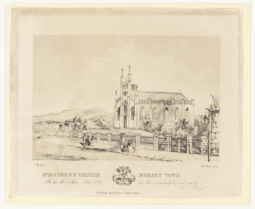Lithograph of St Andrew's Church, Hobart Town (dedicated to Rev John Little by publisher R. V. Hood, Hobart Town), Tasmanian Archives