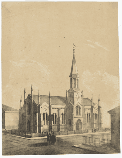 St. Andrews Church, Launceston, VD Land, lithograph, R.V. Hood, 1845-55, Allport Library and Museum of Fine Arts, Tasmanian Archives