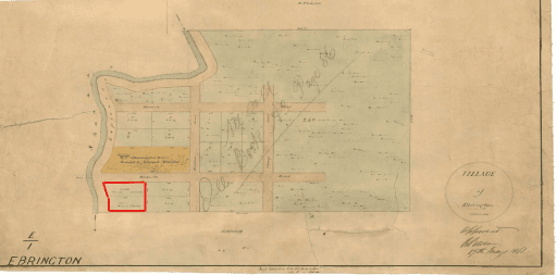 Village of Ebrington, Shannon River. Church location marked in red. Tasmanian Archives