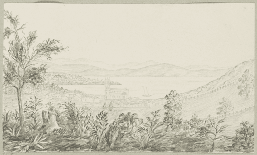 Trinity Church Hobart Town from Providence Valley, by W.T., State Library of New South Wales