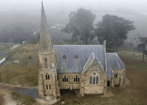 Tasmanian Pictorial Church Index drone image, June 2021 - a foggy morning
