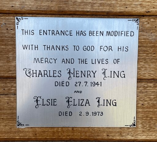 Plaque inside front door. Reproduced with the permission of Helen Emmett, Oct 2023