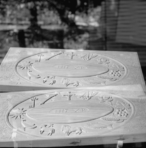 Altar furniture carved in New Zealand Kauri Pine by Miss Madge Wilson, 1967, Tasmanian Archives