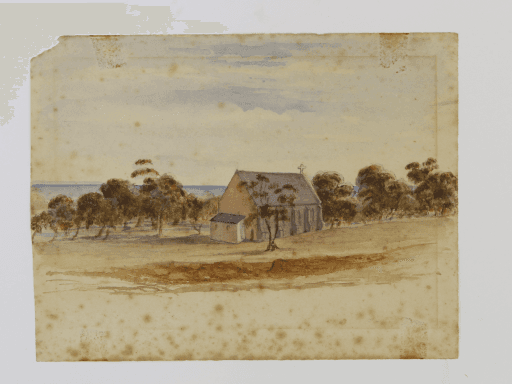 First Anglican Church, watercolour by Fanny Meredith, 1840s (Reference SHC2007.159.3)