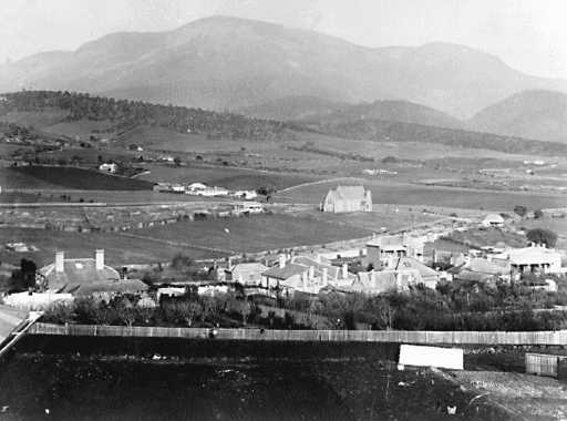 View of New Town and Sacred Heart Catholic Church, looking towards Mt Wellington. Tasmanian Archives, 1900