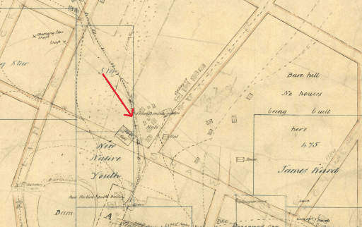 Map showing the location of the Chinese settlers' dwellings and garden, Lands & Surveys Map, no date, Tasmanian Archives